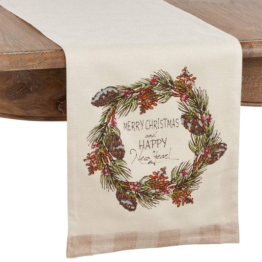 Fennco Styles Merry Christmas and Happy New Year Vintage Table Runner 13 x 72 Inch - Natural Table Cover for Home Décor, Banquets, Holiday Gathering and Special Events