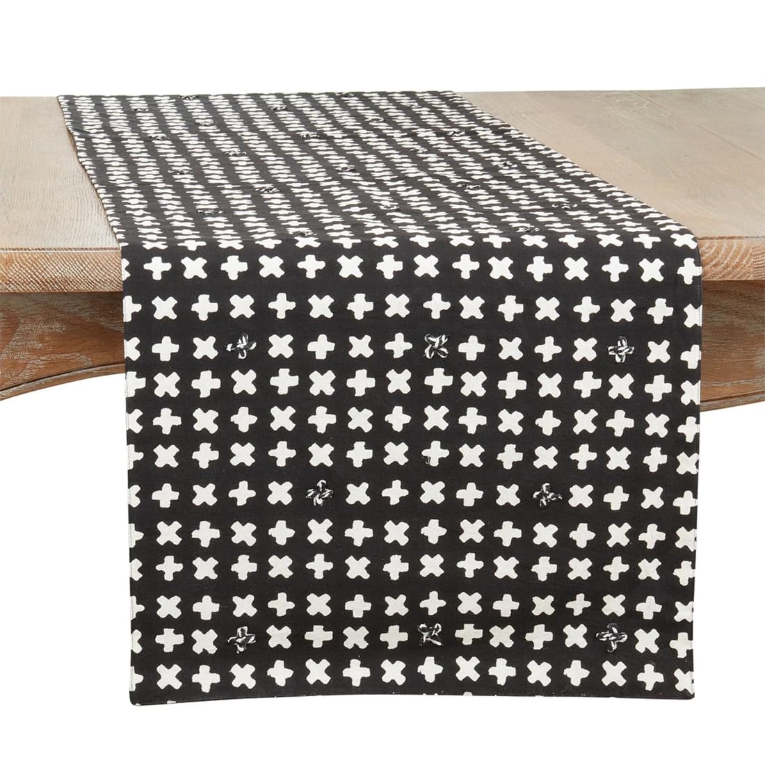 Fennco Styles Embroidered Crossses Design Cotton Table Runner 16" W x 72" L - Black Textured Woven Table Cover for Everyday Use, Dining Room, Banquets, Family Gatherings, Holidays and Home Décor