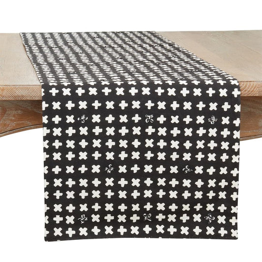 Fennco Styles Embroidered Crossses Design Cotton Table Runner 16" W x 72" L - Black Textured Woven Table Cover for Everyday Use, Dining Room, Banquets, Family Gatherings, Holidays and Home Décor