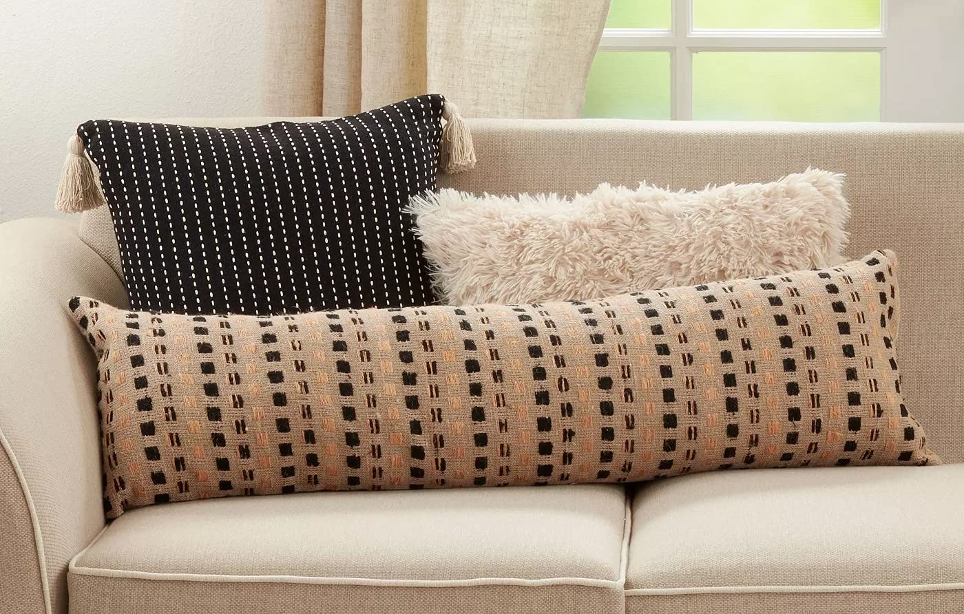 Fennco Styles Line-Stitch Tassel Cotton Decorative Throw Pillow 18" W x 18" L - Black Square Cushion for Home, Couch, Office, Bedroom and Living Room Décor