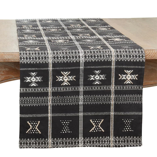 Fennco Styles Embroidered Mudcloth Design Cotton Table Runner 16" W x 72" L - Black Geometric Printed Table Cover for Home Décor, Everyday Use, Banquets and Special Occasions