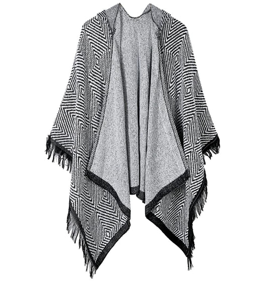 stylesilove Women Diamond Knit Open Front Hooded Poncho Fringe Black Geometric Cape Oversized Cardigan Fall Winter Wrap Shawl