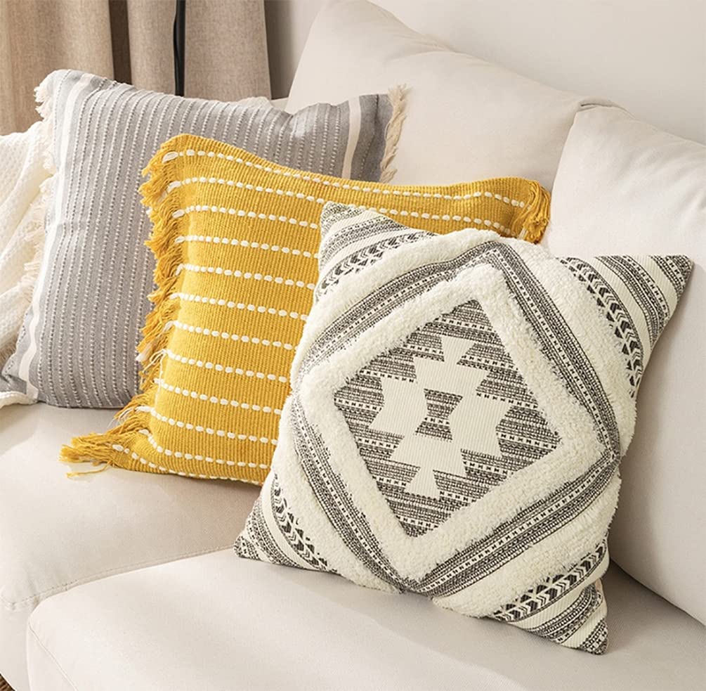 Fennco Styles Southwest Diamond Tufted Boho Decorative Throw Pillow Cover 20" W x 20" L - Black Block Print Woven Square Cushion Case for Home, Couch, Living Room, Bedroom, Office and Holiday Décor