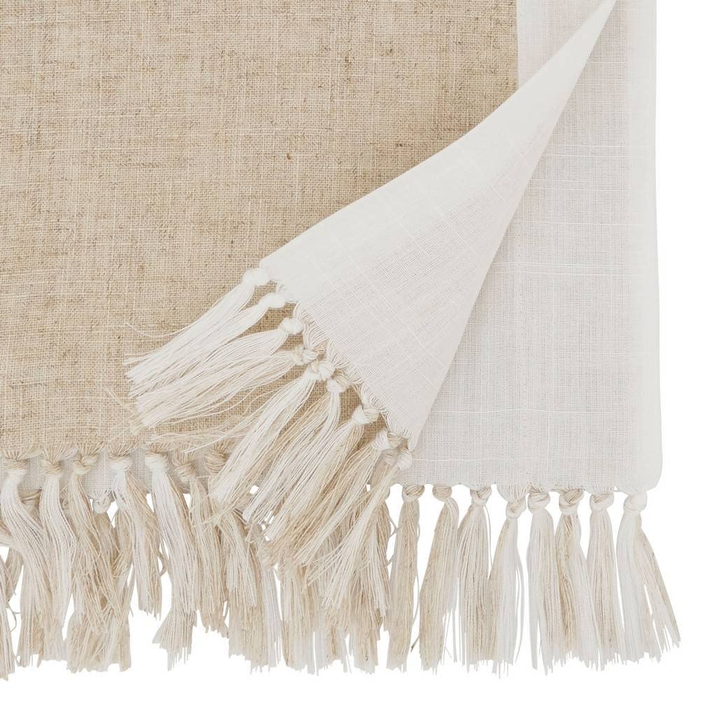 Fennco Styles Two-Tone Banded Design Table Runner with Tassel 16" W x 72" L - Natural & White Linen Blend Table Cover for Everyday Use, Banquets, Family Gathering and Special Events