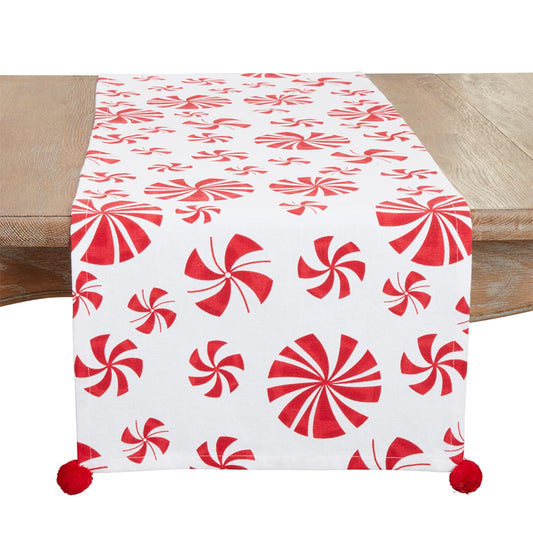Fennco Styles Peppermints Holiday Cotton Table Runner 16" W x 72" L - Red & White Festive Table Cover for Christmas, Family Gathering, Banquets and Special Events