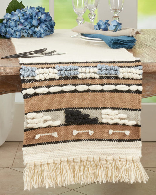 Fennco Styles Textured Boho 100% Wool Decorative Table Runner 16" W x 72" L - Natural Chunky Bohemian Table Cover for Home Décor, Dining Table, Banquets and Special Occasion