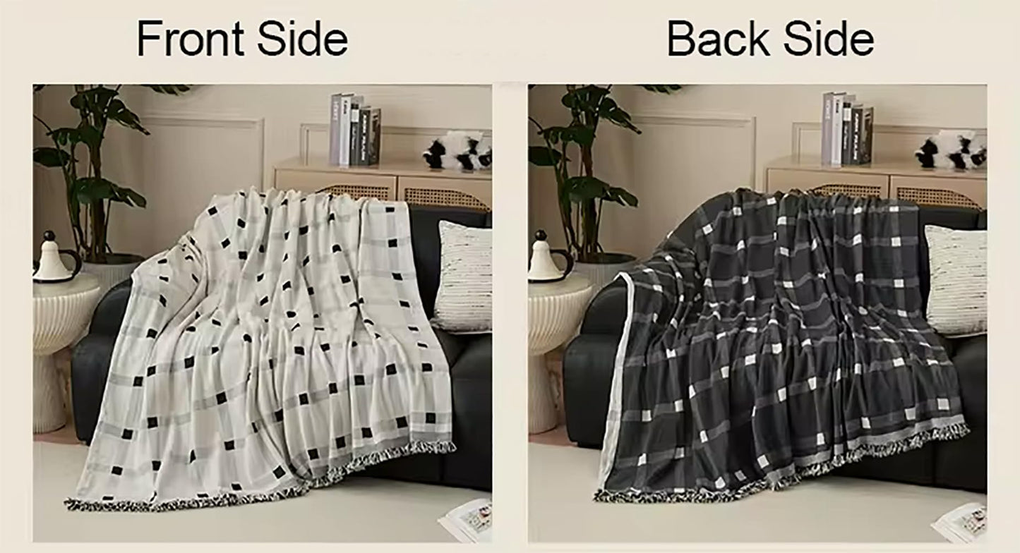 Fennco Styles Checkered Fringe Chenille Reversible Throw Blanket 50" W x 72" L - Black and White Plaid Woven Soft Blanket for Bed, Couch, Sofa, Home, Office and Holidays Décor
