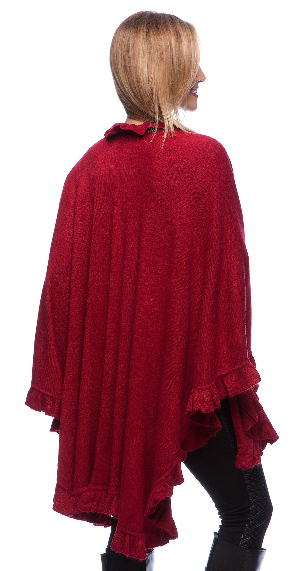 Fennco Styles Women's Ruffle Trim Knit Open Front Poncho Cape Shawl - Fall Wrap Jacket, Cozy and Stylish Layering Piece