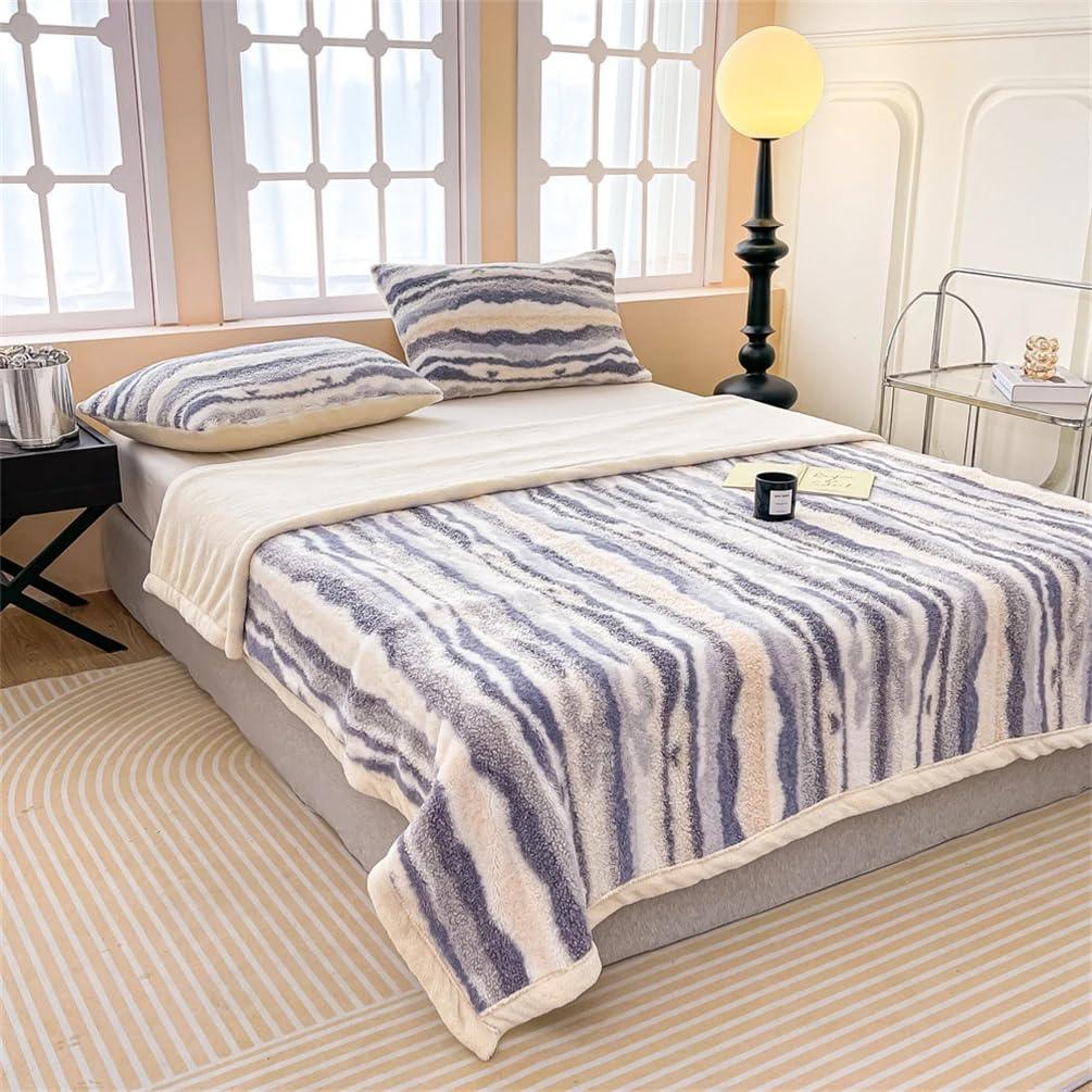 Fennco Styles Beige Stripe Fuzzy Faux Fur Fleece Throw Blanket 60" W x 80" L – Reversible Plush Fluffy Soft Blanket for Home, Couch, Bedroom, Living Room, Office, and Holiday Décor