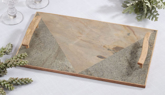 Fennco Styles Slate Serving Tray with Wooden Handles 10" X 16" - Mango Wood Rectangle Gourmet Board for Food, Cheese, Appetizer, Fruits, Wine, Home Décor and Holiday Gatherings