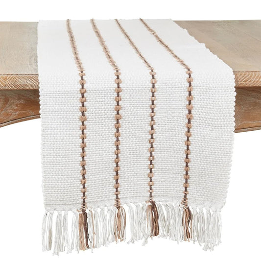 Fennco Styles Stripe Design Tassel Cotton Table Runner 16" W X 72" L - Ivory Woven Table Cover for Home, Dining Table, Banquets, Thanksgiving, Christmas, Holidays and Special Occasion