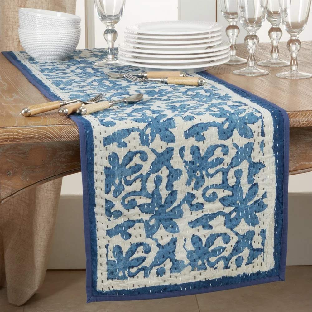 Fennco Styles Unique Floral Kantha Stitch Cotton Table Runner 14 x 72 Inch – Indigo Blue Table Cover for Home Décor, Dining Table, Banquets, Holidays and Special Events