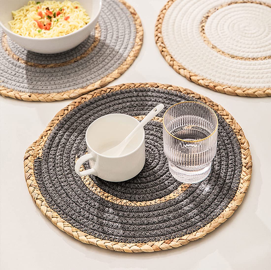 Fennco Styles Hand-Woven Rattan Cotton Rope Braided Placemats 12-Inch Round, Set of 4 - Heat Resistant Insulation Table Mats for Home, Boho Décor, Dining Table, Banquets and Special Events