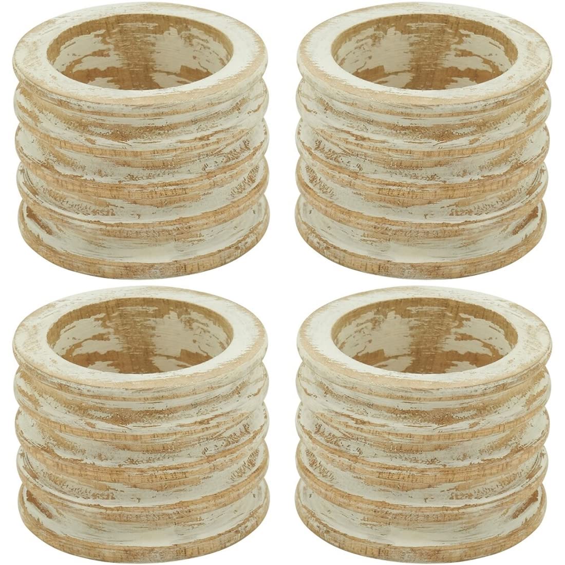 Fennco Styles Mango Wood Ribbed Napkin Rings, Set of 4 - Natural Decorative Wooden Napkin Holders for Home, Dining Room, Banquet, Family Gathering, Holiday and Special Occasion