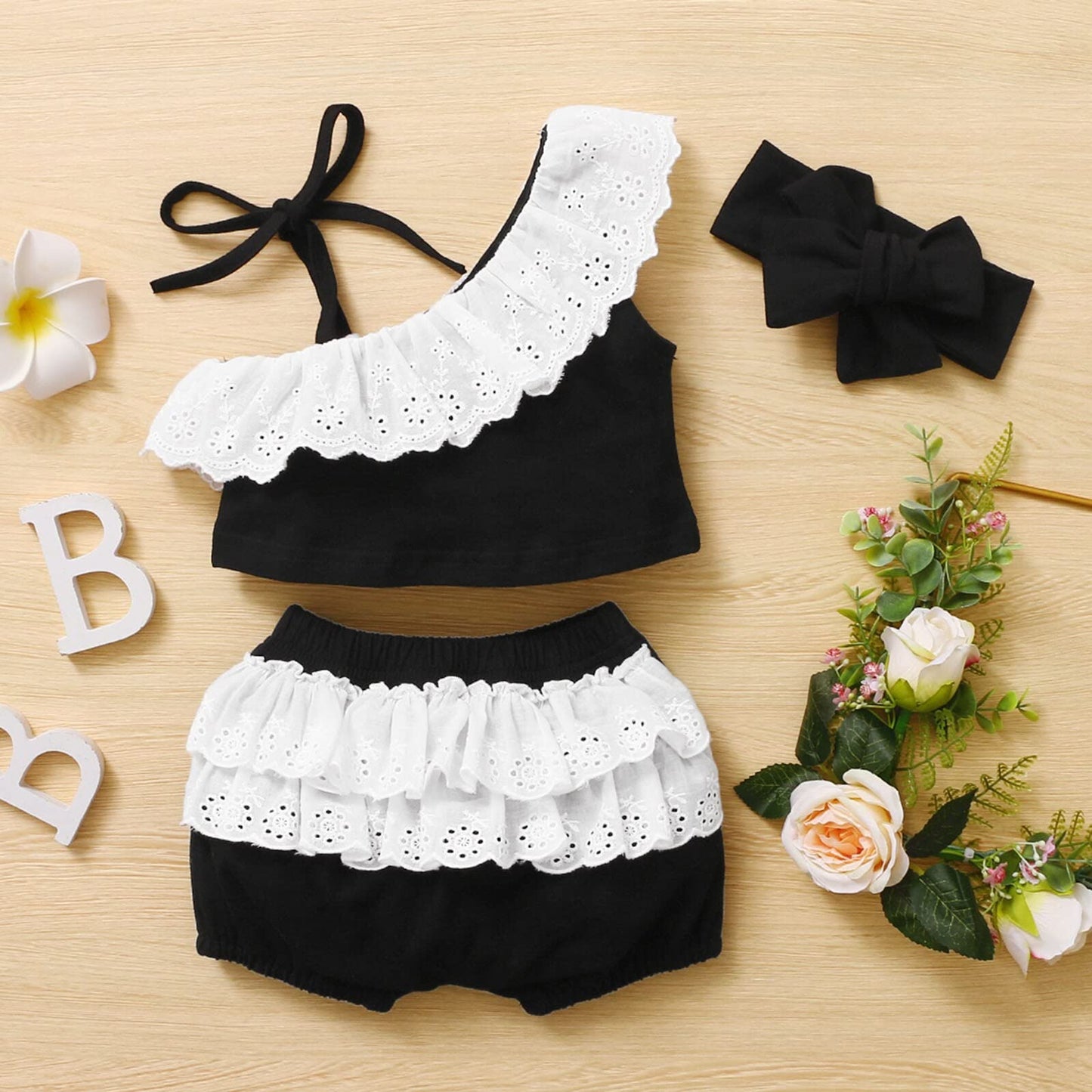 stylesilove Infant Baby Girls Black Asymmetric Ruffled Eyelet Crop Top and Shorts, Bow Headband 3pcs Cotton Summer Outfit