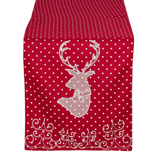 Fennco Styles Holiday Reindeer Polka Dot Design Red Table Runner, 16"x70" Rectangular