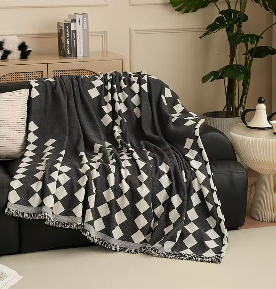 Fennco Styles Diamond Fringe Chenille Reversible Throw Blanket 50" W x 72" L - Black and White Geometric Woven Soft Blanket for Bed, Couch, Sofa, Home, Office and Holidays Décor