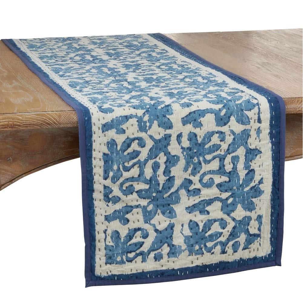 Fennco Styles Unique Floral Kantha Stitch Cotton Table Runner 14 x 72 Inch – Indigo Blue Table Cover for Home Décor, Dining Table, Banquets, Holidays and Special Events