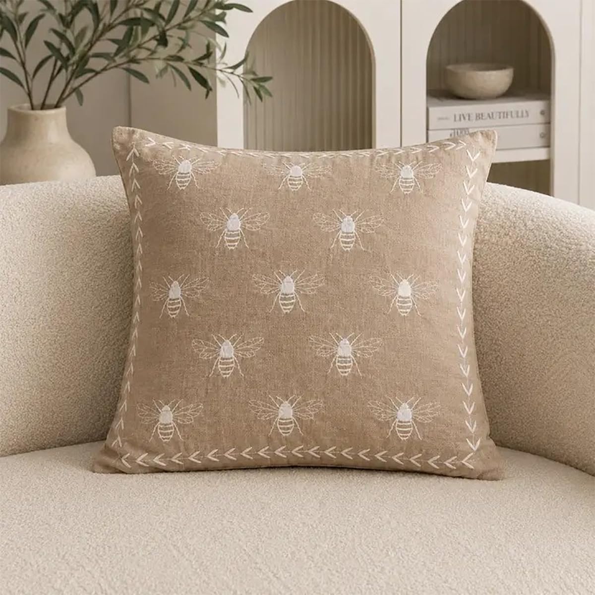 Fennco Styles Ivory Embroidered Bee Decorative Filled Throw Pillow, 18" X 18", 1-Pack