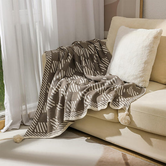 Fennco Styles Checkered Knit Throw Blanket with Tassel 50" W x 60" L – Brown Geometric Pattern Lightweight Blanket for Indoor Outdoor, Couch, Bedroom, Living Room and Office Décor