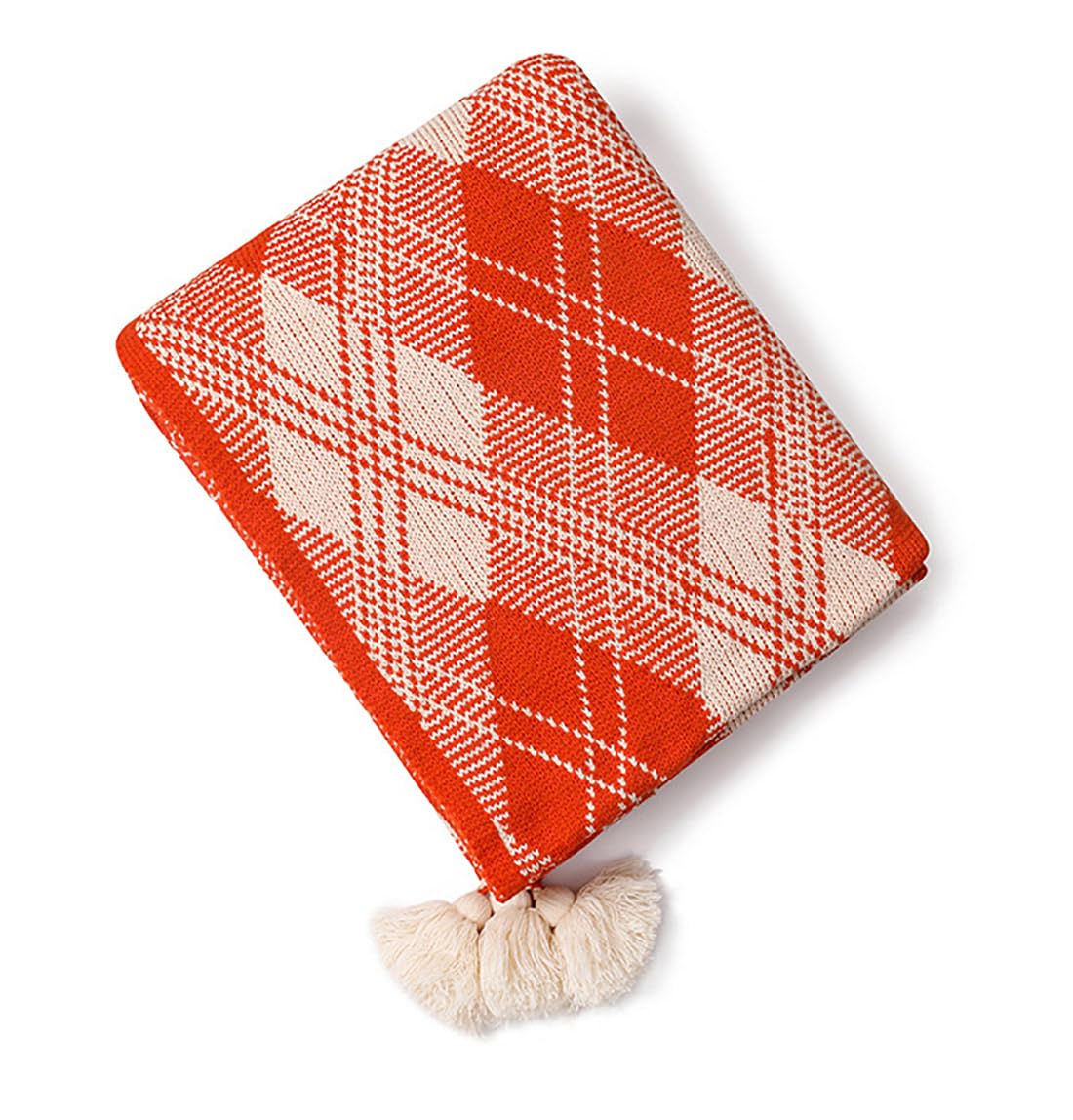 Fennco Styles Fall Plaid Knit Throw Blanket with Tassel 50" W x 60" L – Orange Geometric Pattern Lightweight Blanket for Indoor Outdoor, Couch, Bedroom, Living Room and Office Décor