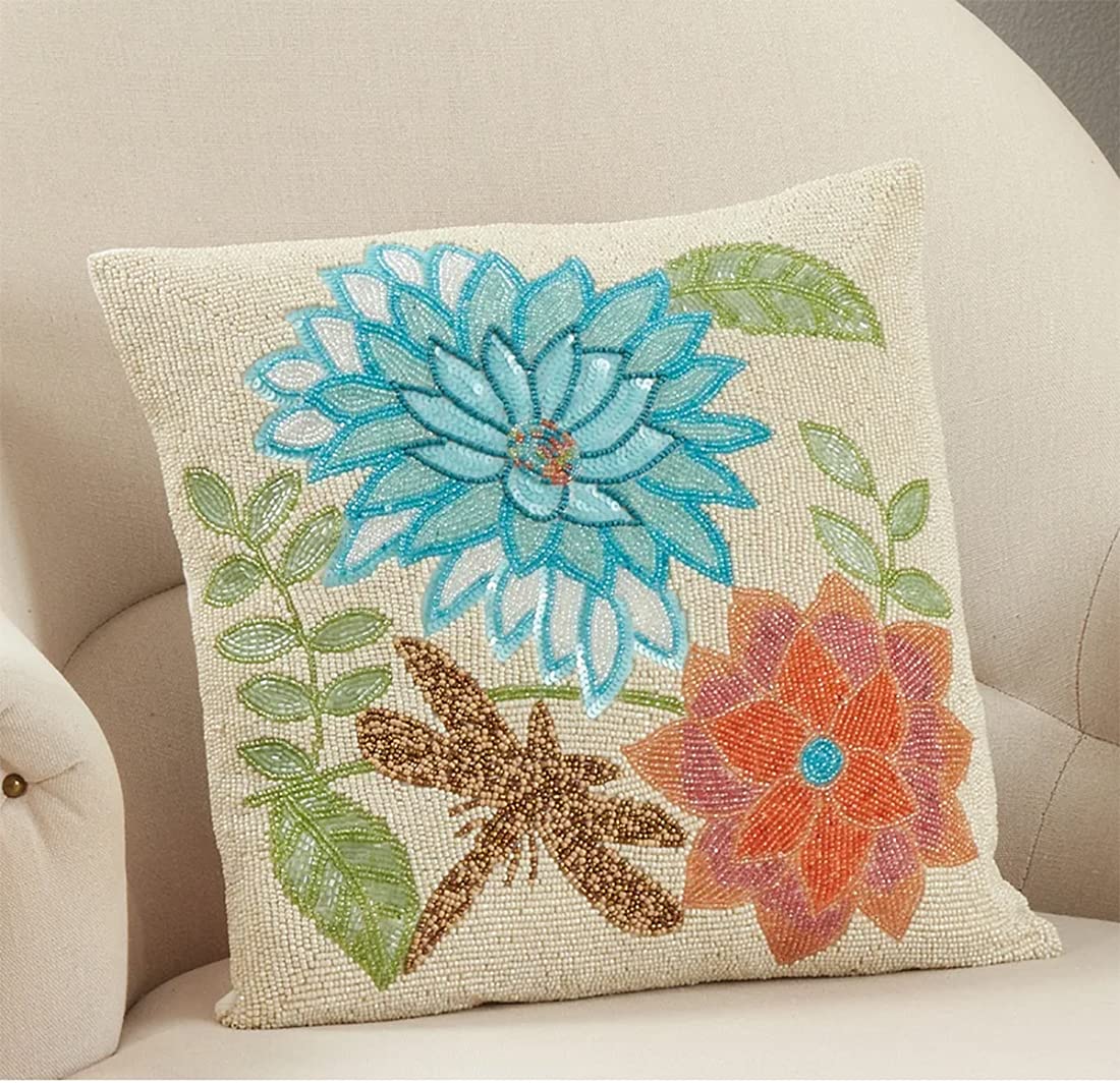 Fennco Styles Hand Beaded Dragonfly Flower Cotton Decorative Throw Pillow 16" W x 16" L - Multicolored Floral Cushion for Home, Couch, Living Room, Seasonal Décor, Special Occasion