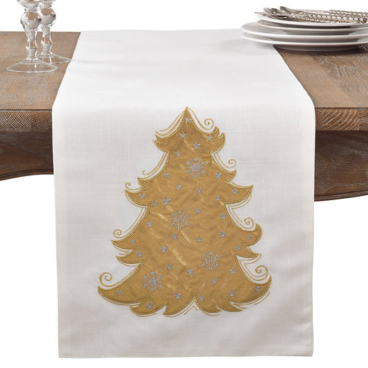 Fennco Styles Metallic Christmas Tree Cotton Blend Table Runner 14 x 72 Inch - White Table Cover for Home Decor, Dining Room, Banquets and Holiday Events
