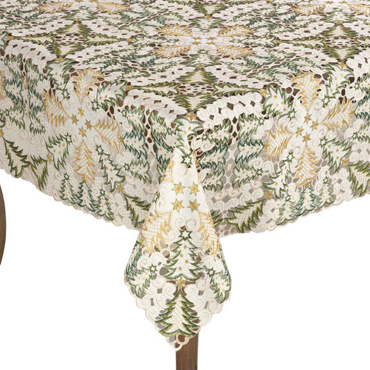 Fennco Styles Embroidered Christmas Tree Cutwork 67 x 67 Inch Tablecloth - White Table Cloth for Home Decor, Holiday, Banquets and Special Events