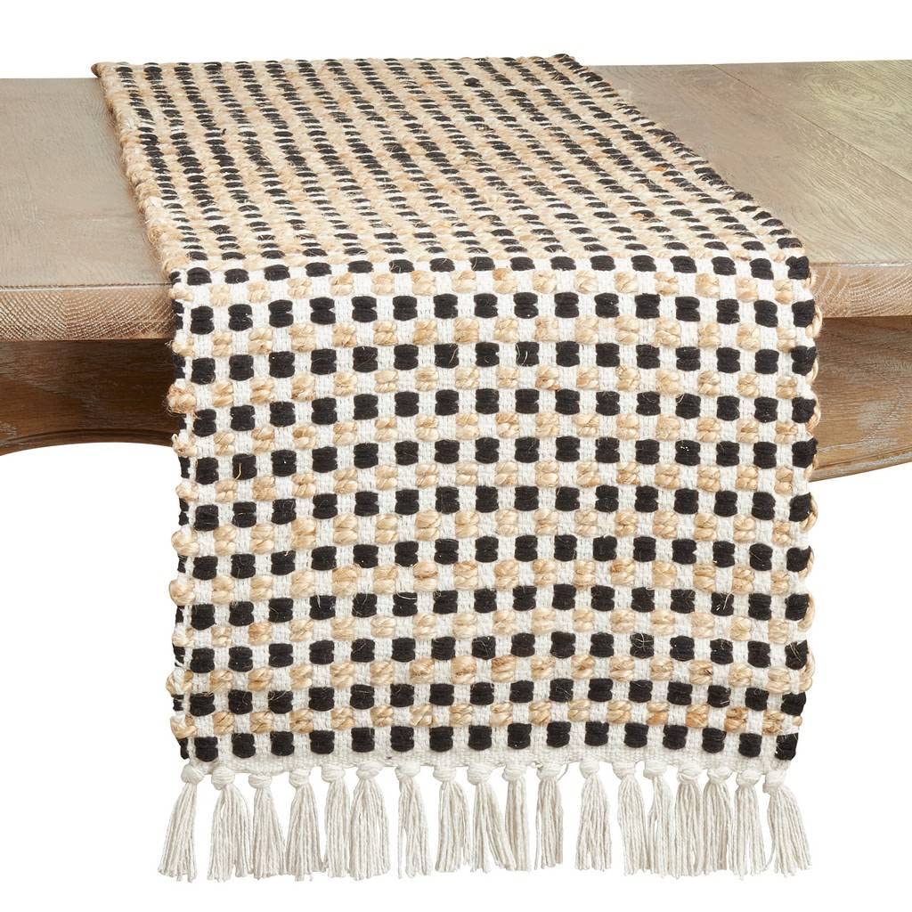 Fennco Styles Checker Weave Table Runner with Fringe 14" W x 72" L - Black Cotton Jute Table Cover for Home, Dining Room, Banquets, Family Gathering and Special Occasion