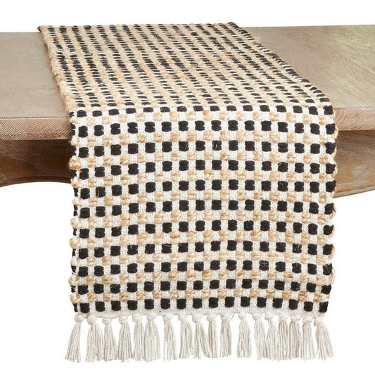 Fennco Styles Checker Weave Table Runner with Fringe 14" W x 72" L - Black Cotton Jute Table Cover for Home, Dining Room, Banquets, Family Gathering and Special Occasion