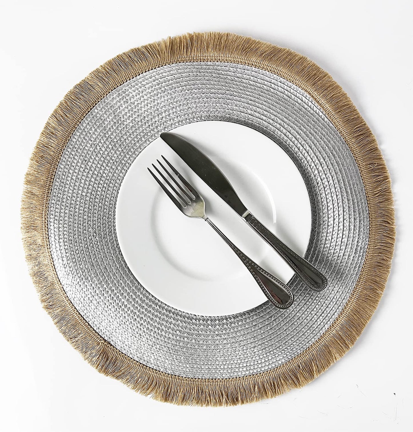 Fennco Styles Hand Braided Fringe Boho Placemats 15 Inch Round, Set of 4 - Beige & White Woven Textured Table Mats for Home, Dining Room, Banquets, Family Gathering and Special Occasion