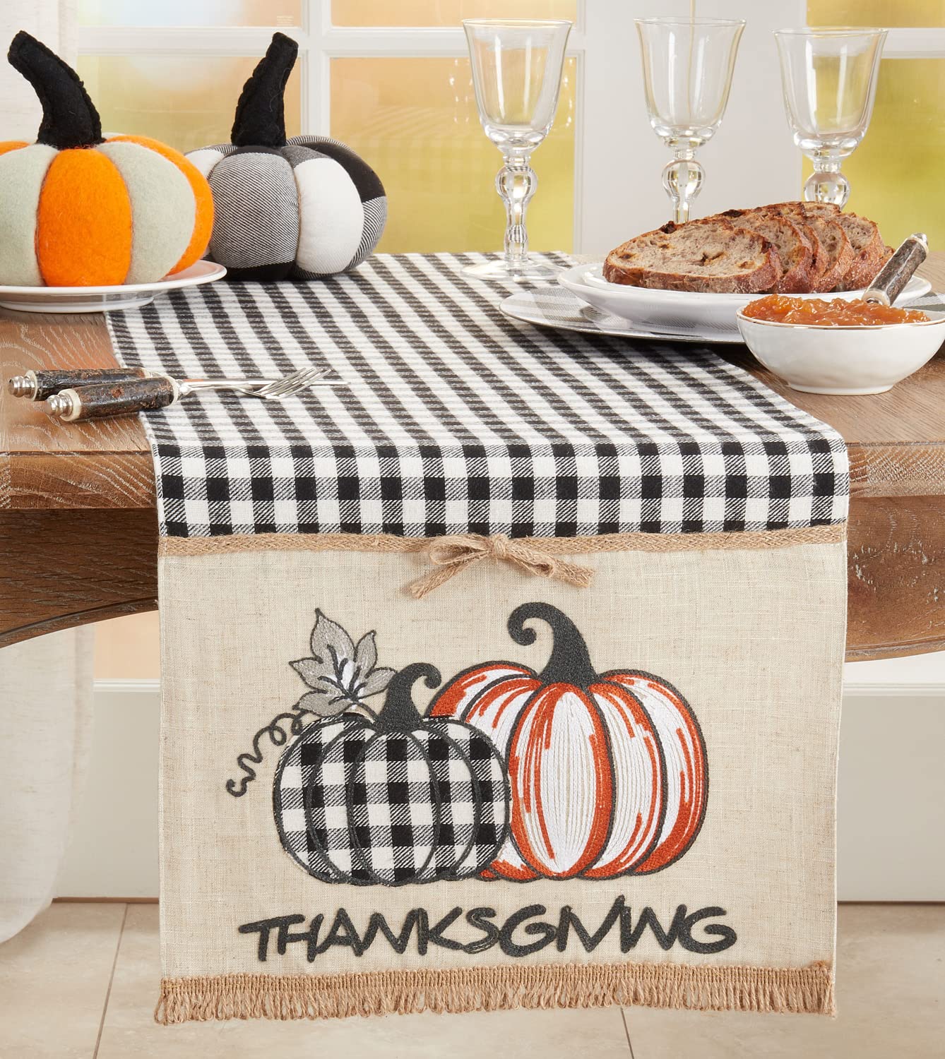 Fennco Styles Harvest Pumpkins Plaid Thanksgiving Table Runner 16" W x 70" L - Black & White Woven Table Cover for Banquets, Fall Festivals, Holidays, Special Events, Kitchen and Home Décor