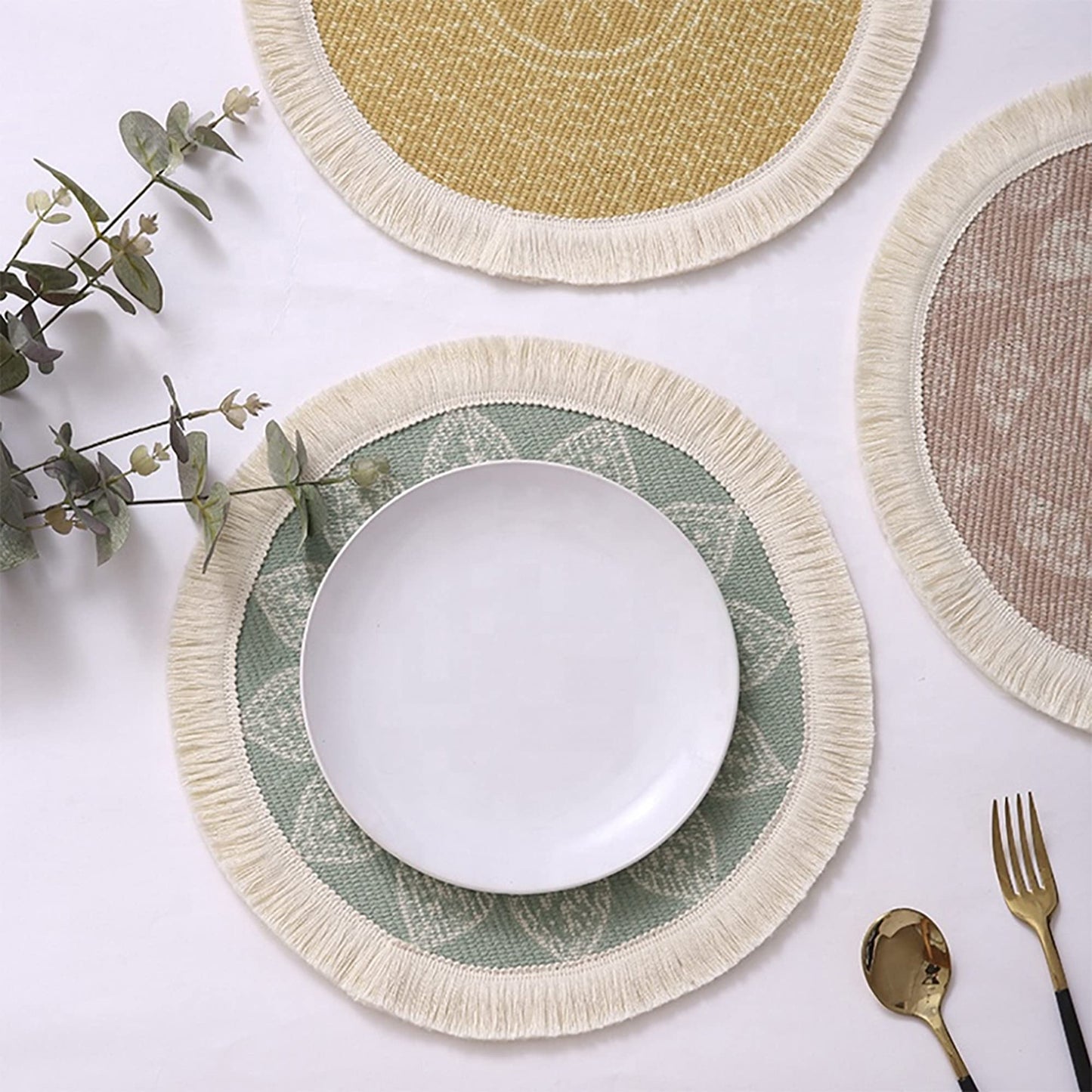 Fennco Styles Unique Dream Catcher Fringe Cotton Placemats 14-inch Round, Set of 4 - Boho Decorative Table Mats for Home Decor, Dining Table, Banquets and Special Events