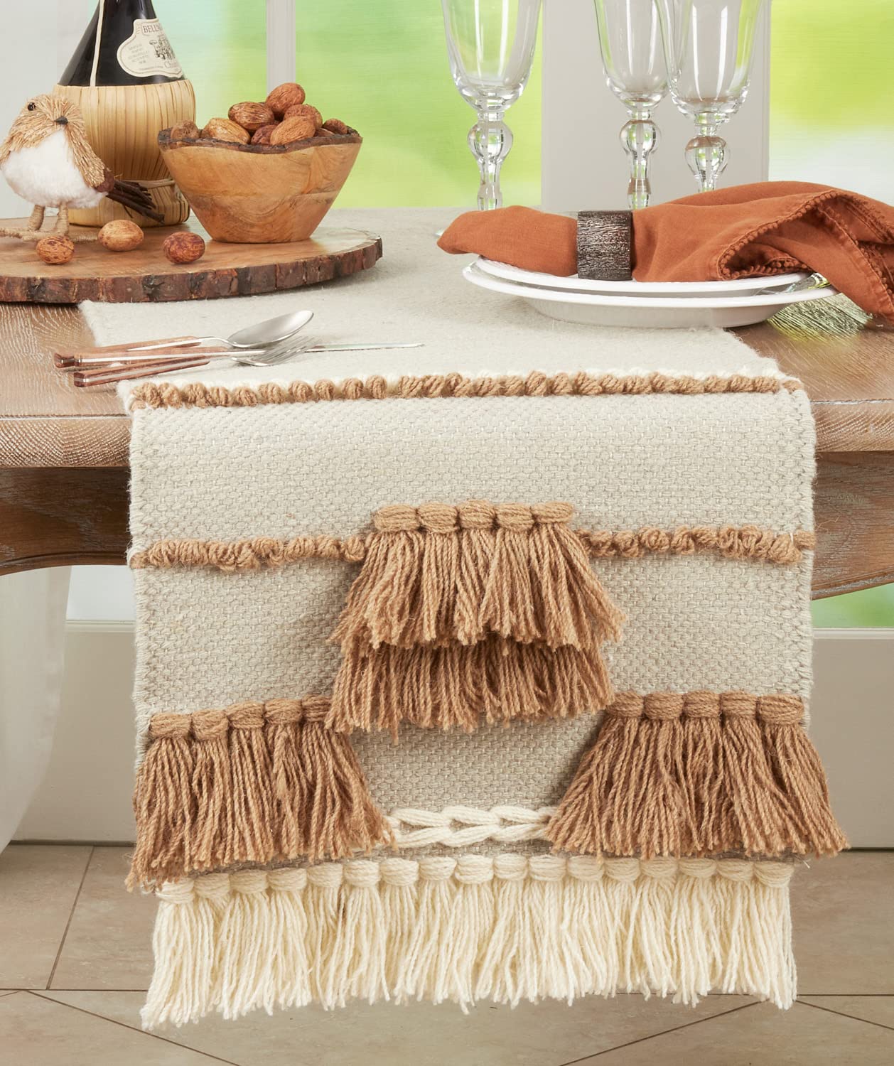 Fennco Styles Textured Boho 100% Wool Decorative Table Runner 16" W x 72" L - Natural Knotted Tassel Bohemian Table Cover for Home Décor, Dining Table, Banquets and Special Occasion
