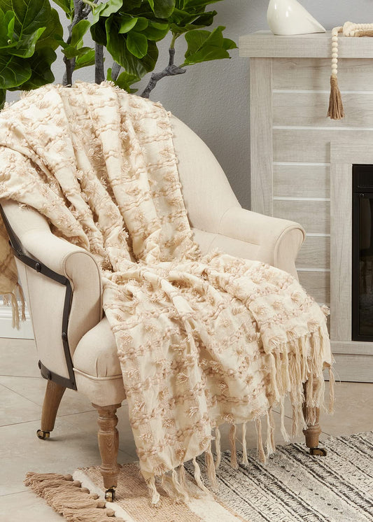 Fennco Styles Boho Fringe Striped Throw Blanket with Tassel 50" W x 60" L – Natural Blanket for Couch, Bedroom and Living Room Décor