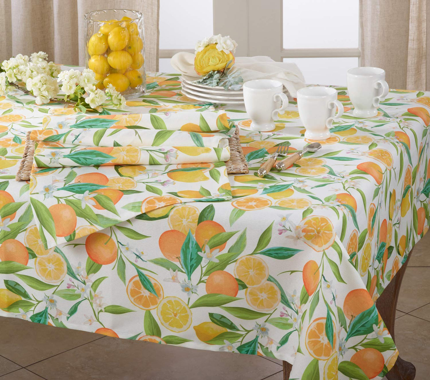Fennco Styles Lemon & Orange Print 55 x 55 Inch Tablecloth - Multi Color Table Cloth for Home Everyday Use, Kitchen, Banques Décor, Family Gartering and Special Occasion