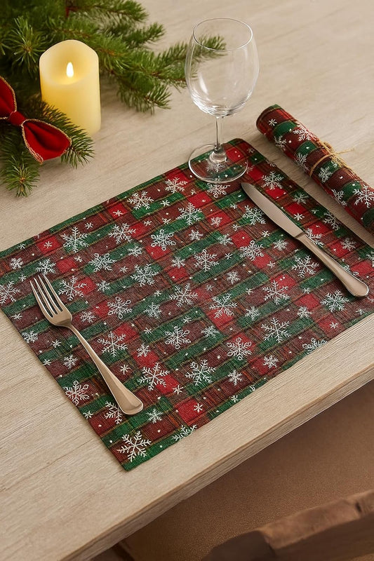 Fennco Styles Red & Green Tartan Plaid Snowflakes Holiday Placemats 13" X 18", Set of 4 - Modern Table Mats for Christmas Décor, and Winter Festivals