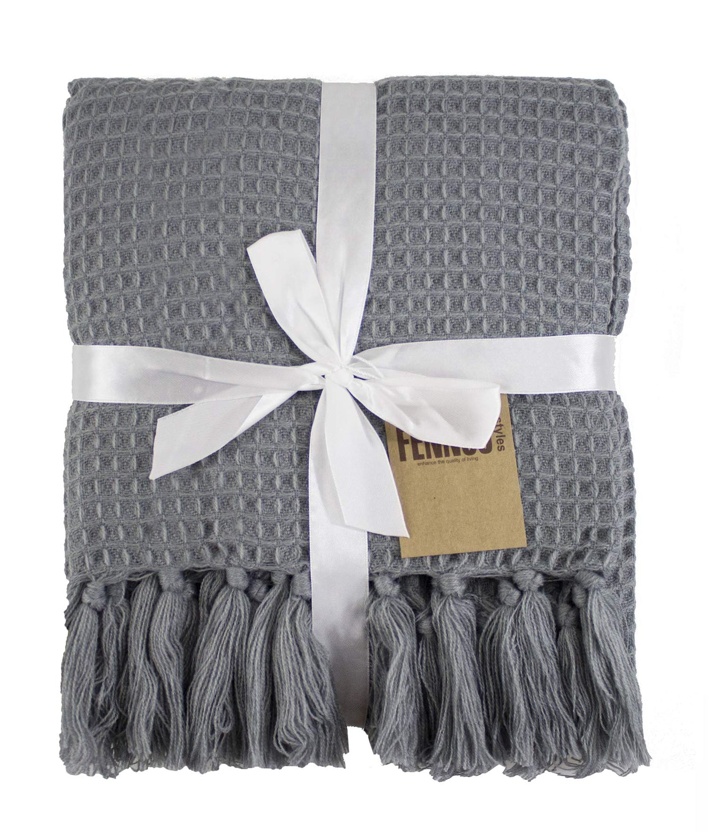 Fennco Styles Classic Waffle Weave Tassel Trim 50 x 60 Inch Throw - Grey Throw Blanket for Couch, Bedroom and Living Room Décor