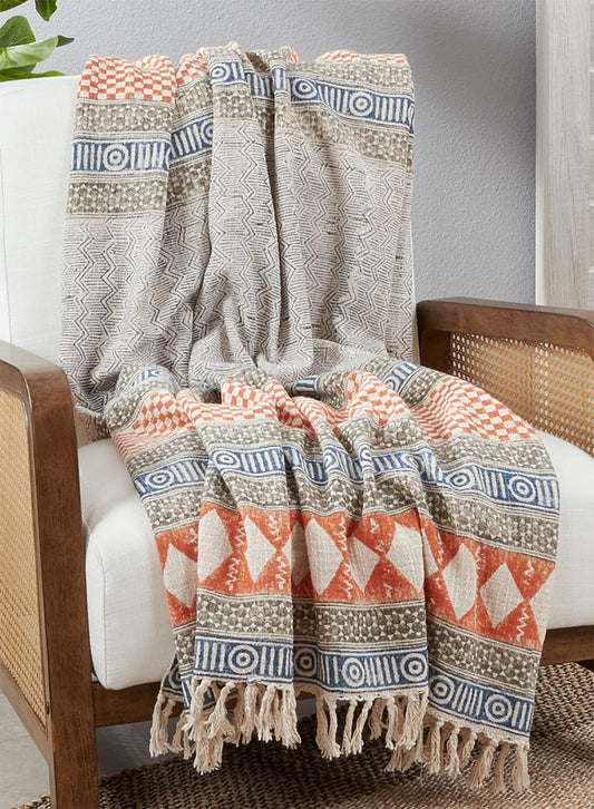 Fennco Styles Abstract Boho Block Print Cotton Throw Blanket with Tassel 47" W x 70" L – Multicolored Geometric Blanket for Couch, Bedroom and Living Room Décor
