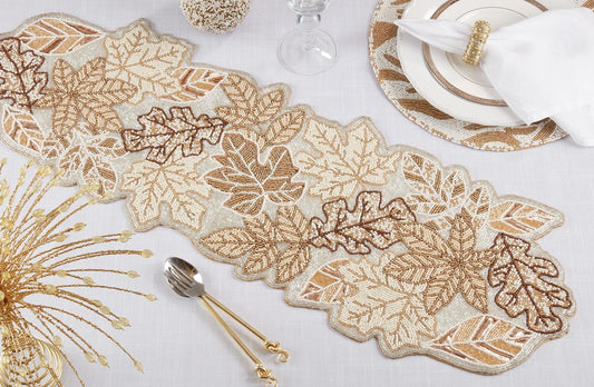 Fennco Styles Hand Beaded Fall Leaves Table Runner 12" W x 36" L - Gold Elegant Autumn Table Cover for Home Décor, Holidays, Family Gatherings, Banquets and Special Occasion