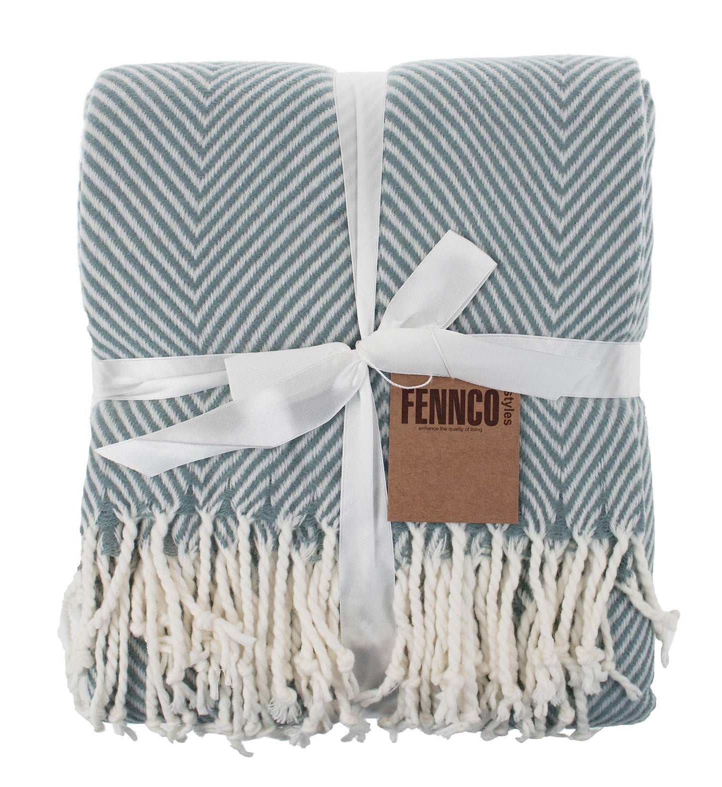 Fennco Styles Herringbone Collection Contemporary Fringed 50 x 60 Inch Throw - Frost Green Throw Blanket for Couch, Bedroom and Living Room Décor