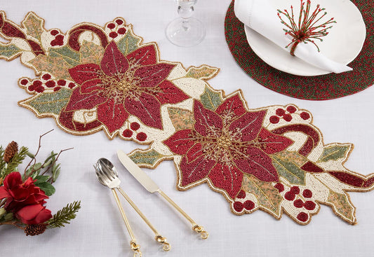 Fennco Styles Hand Beaded Poinsettia Christmas Table Runner 13" W x 36" L - Red & Green Festive Table Cover for Home Décor, Holidays, Family Gatherings, Banquets and Special Occasion
