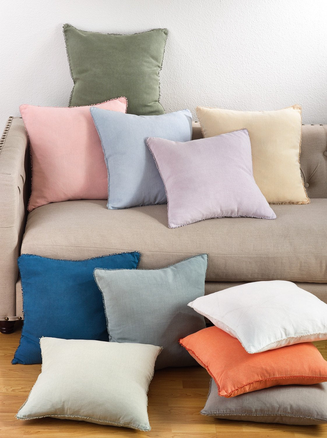 Fennco Styles Pomponin Collection Pompom Design Down Filled 100% Linen Decorative Throw Pillow 20" W x 20" L