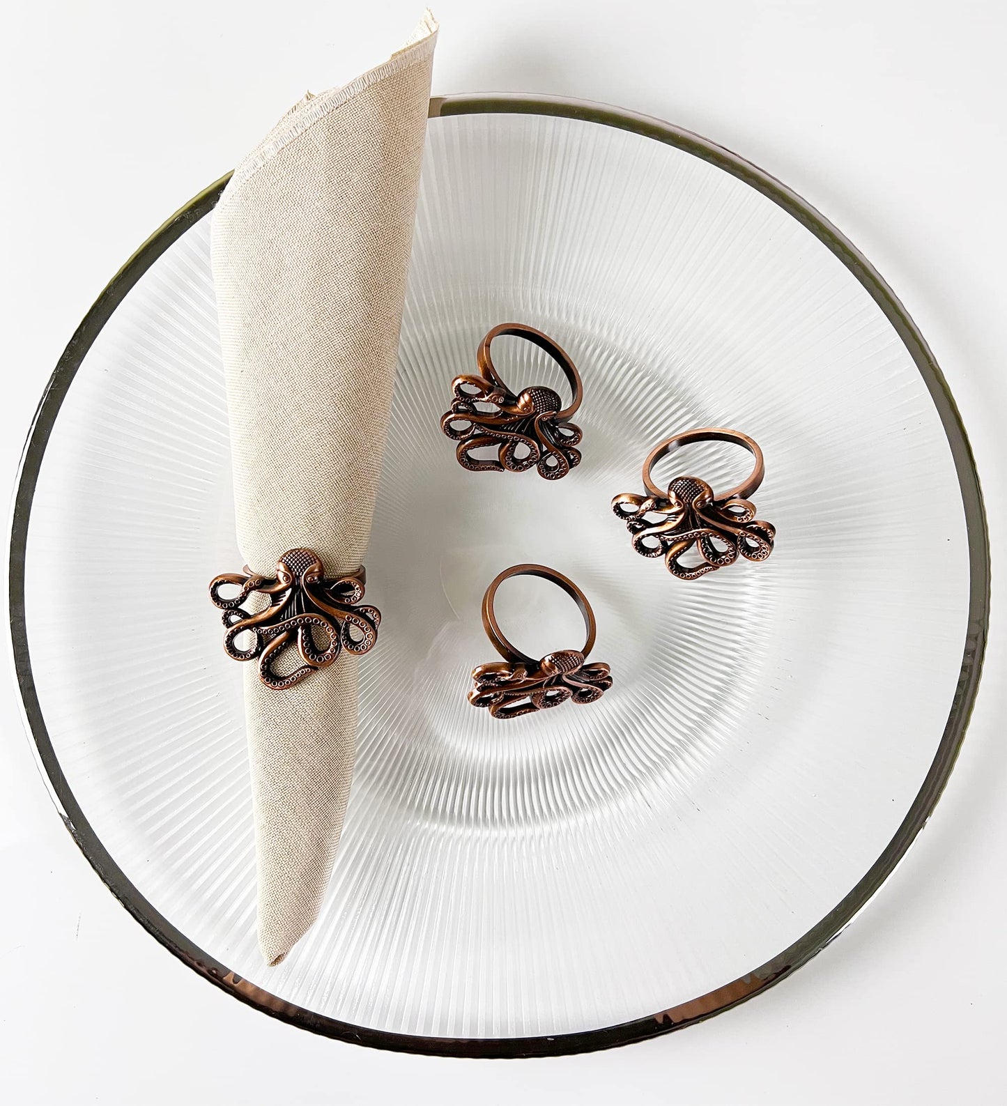 Fennco Styles Coastal Octopus Metal Napkin Rings, Set of 4 - Gold Nautical Napkin Holders for Home Décor, Dining Table, Banquets, Family Gathering and Special Occasions