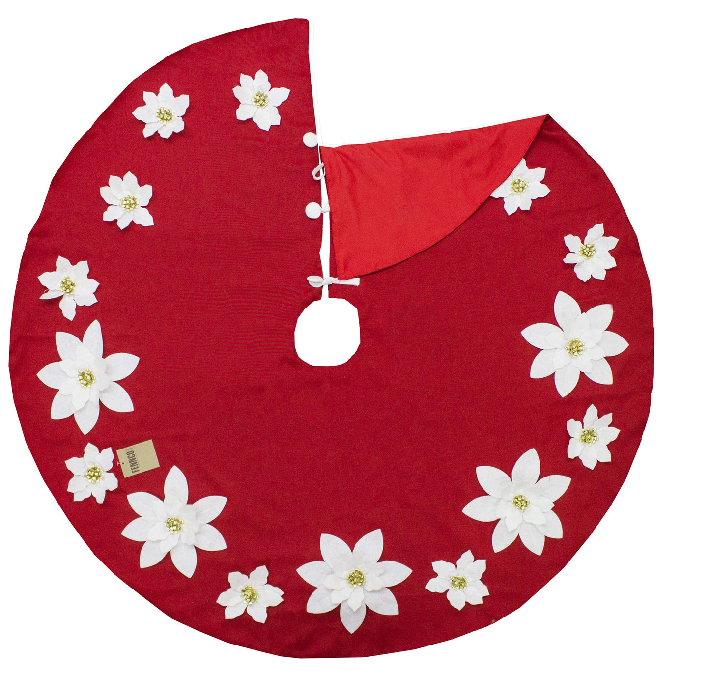 Fennco Styles Handmade Holiday Unique 3D Poinsettia Christmas Tree Skirt (Red+White 53" Tree Skirt)