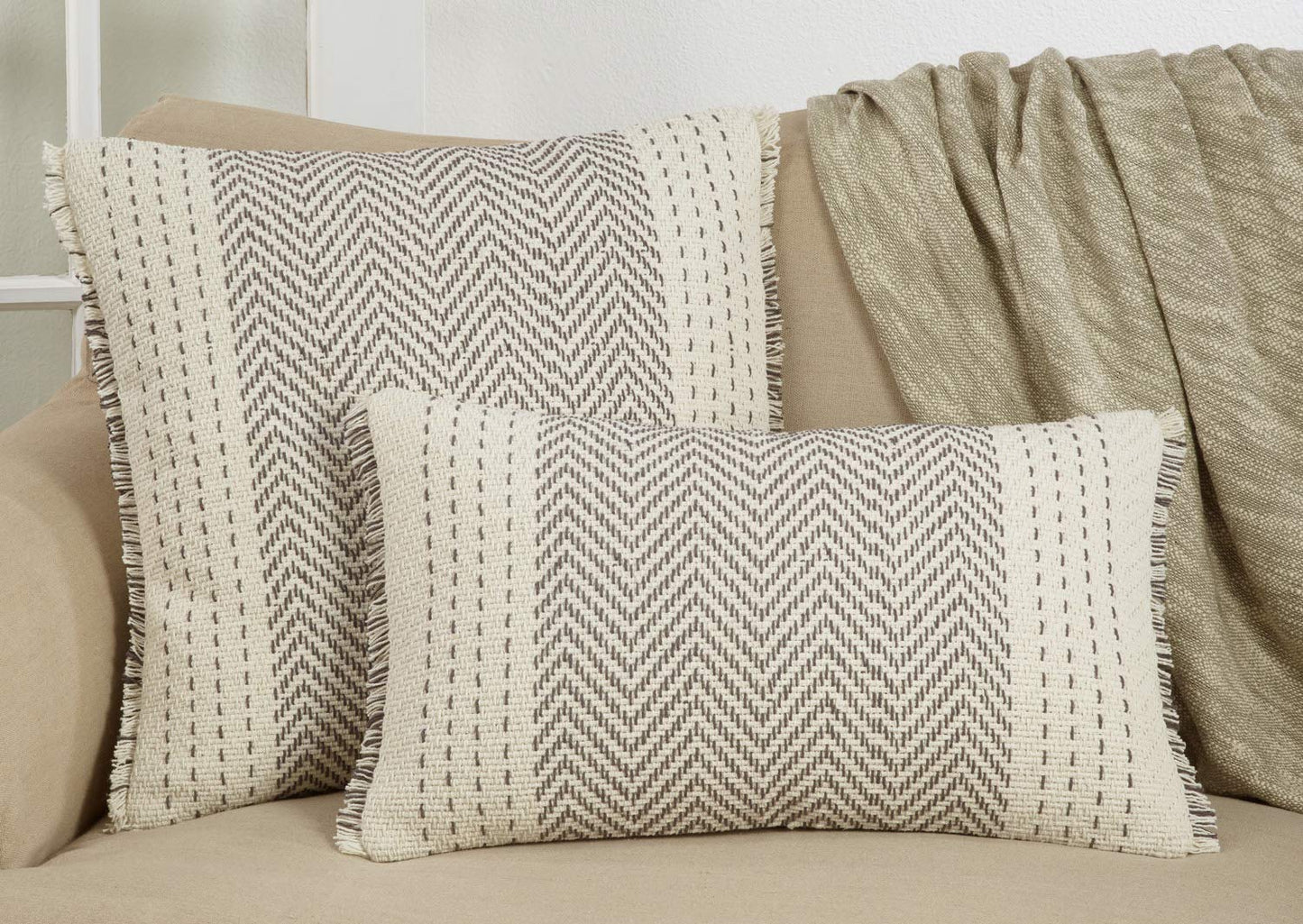 Fennco Styles Modern Kantha Stitch Design 100% Cotton Decorative Throw Pillow Cover 14 x 23 Inch - Grey Cushion for Couch, Living Room and Bedroom Décor
