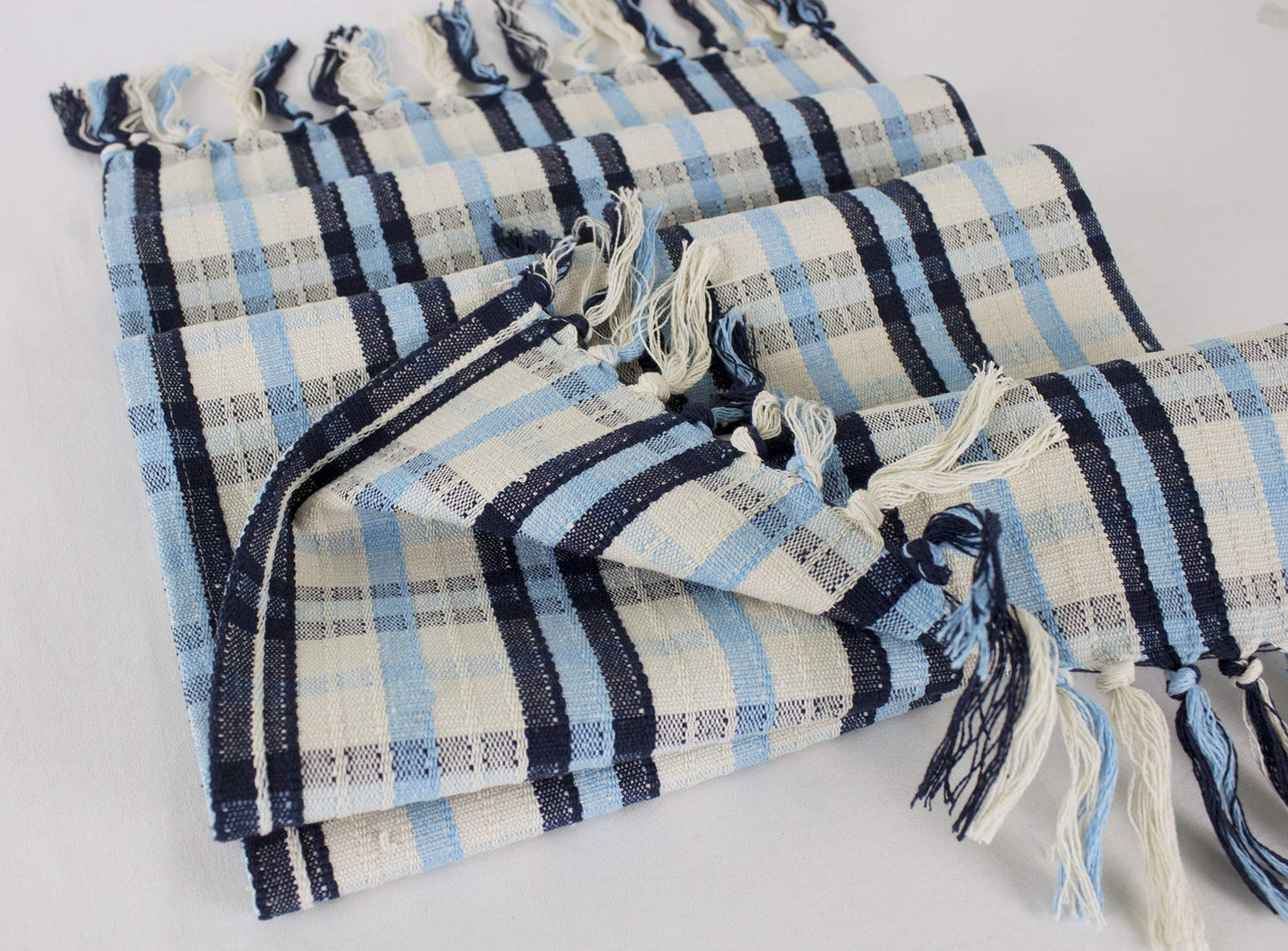 Fennco Styles Woven Tartan Plaid Tassels Cotton Blend Tablecloth - Blue and Ivory 55 x 55 inch Square Table Cover for Banquets, Holiday, Special Events and Home Décor
