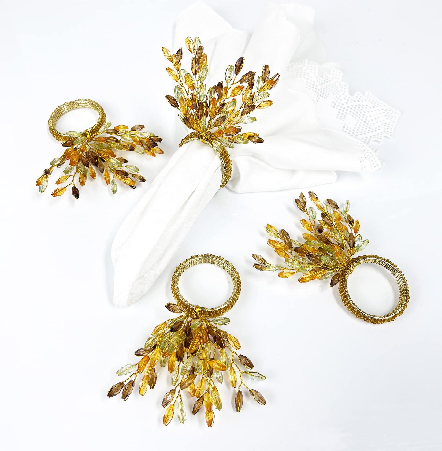 Fennco Styles Hand Beaded Yellow Flower Design Decorative Napkin Rings, Set of 4 - Multicolored Beads Napkin Holders for Home, Dining Table, Banquets, Christmas Décor and Special Occasion