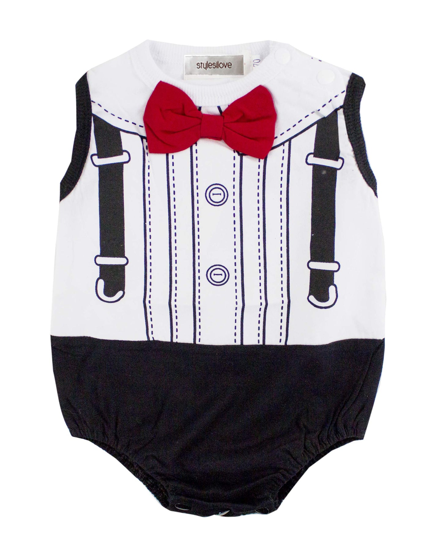 stylesilove Baby Boy Tuxedo Print Creeper with 3D Bowtie (100/18-24 Months,White)