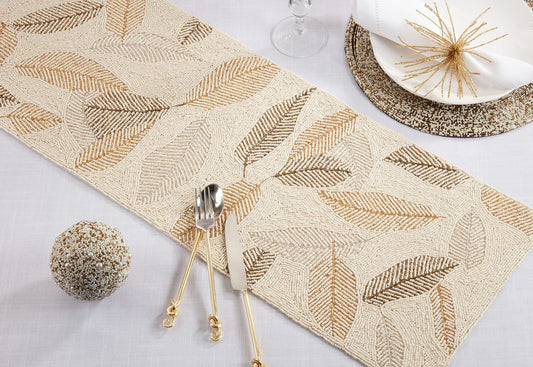 Fennco Styles Hand Beaded Leaves Table Runner 13" W x 36" L - Gold Elegant Table Cover for Home Décor, Holidays, Family Gatherings, Banquets and Special Occasion